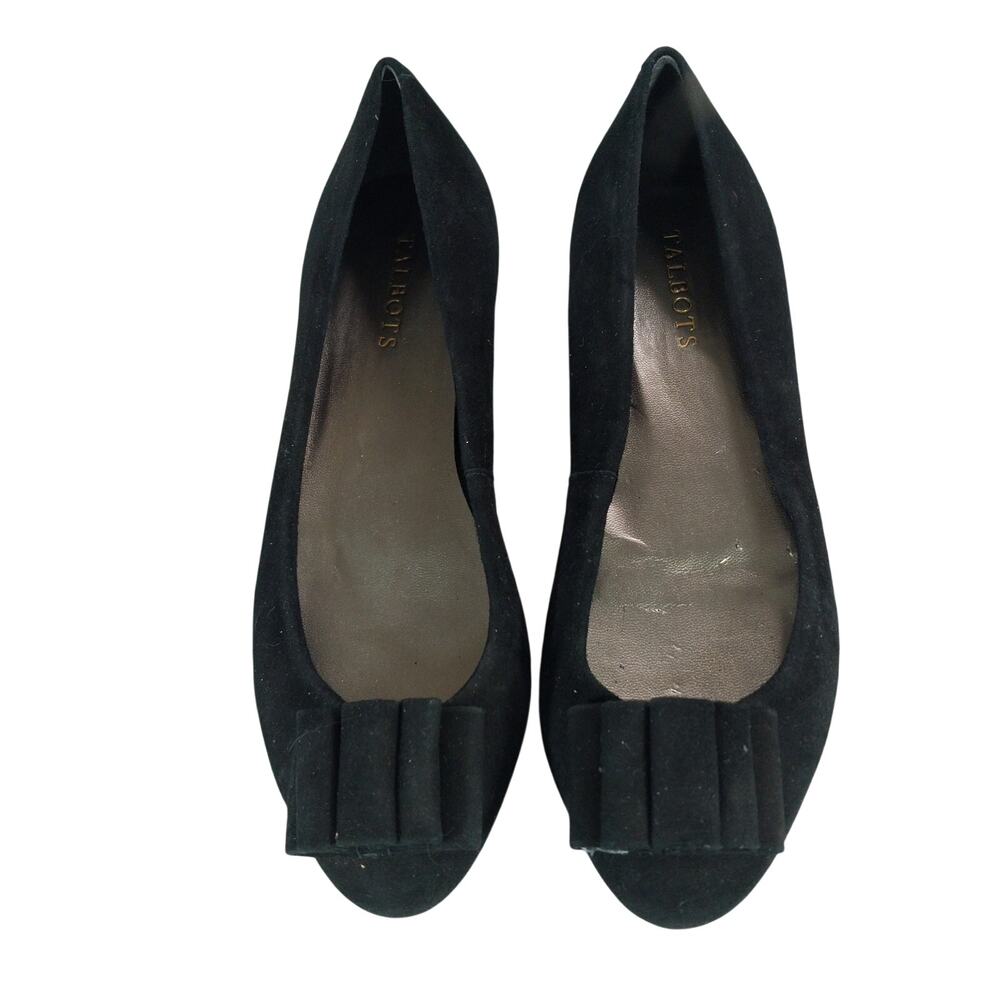 NWOT-FLAW! TALBOTS! BLACK GENUINE SUEDE LEATHER & GROSGRAIN RIBBON FLATS! SZ 8W